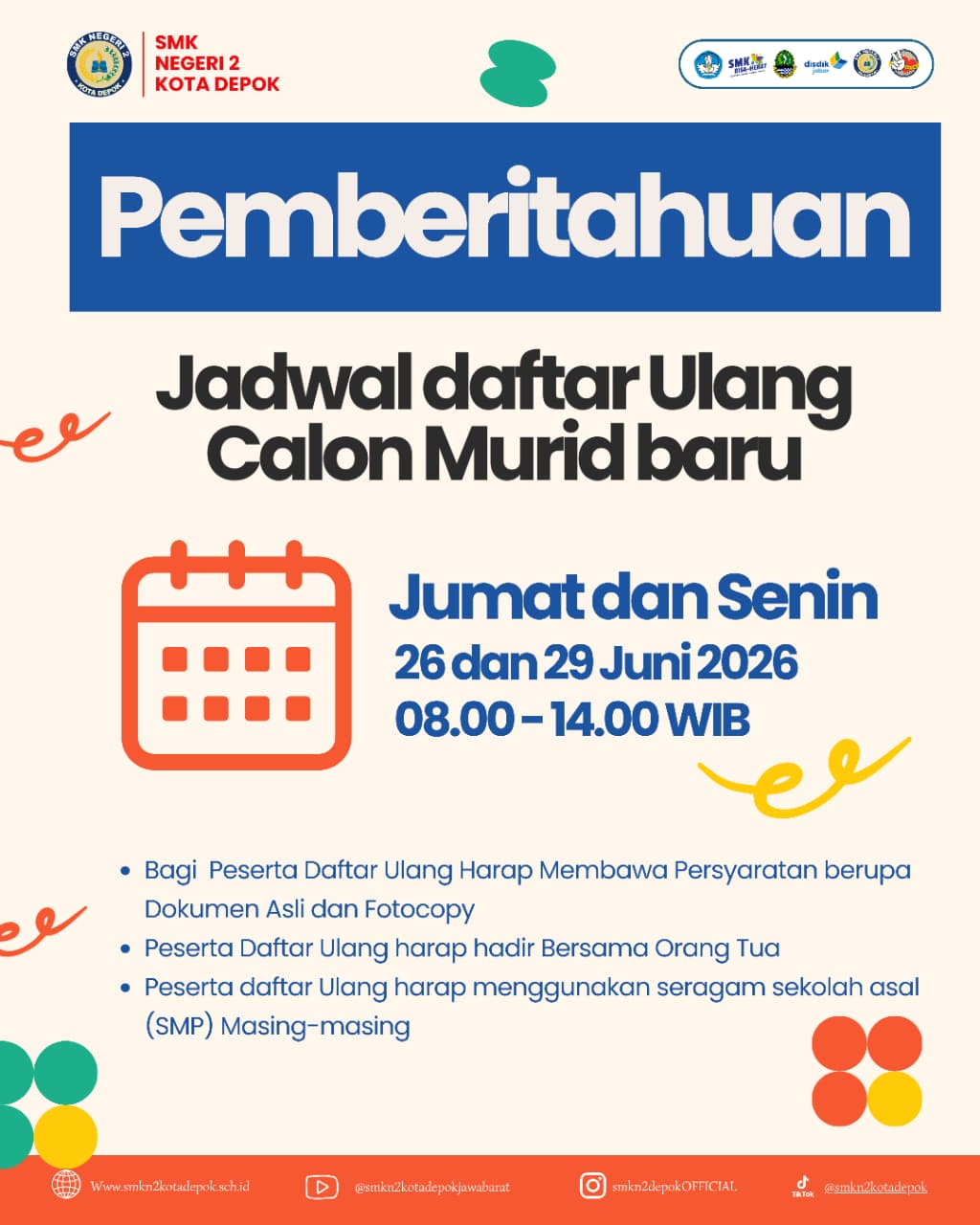 Jadwal Daftar Ulang Calon Murid Baru Hasil Seleksi SPMB Jawa Barat 2026 di SMK Negeri 2 Kota Depok Resmi Diumumkan.