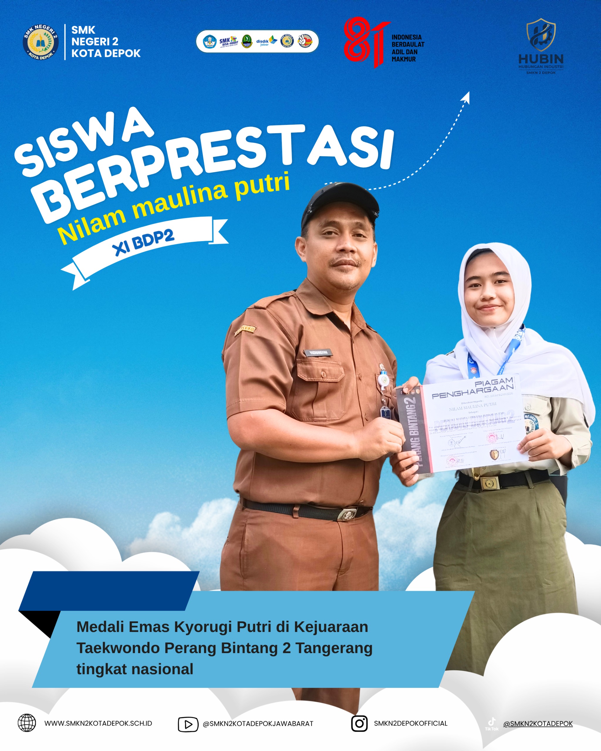 Nilam Maulina Putri (XI BDP 2) Raih Medali Emas Kyorugi Putri di Kejuaraan Taekwondo Perang Bintang 2 Tangerang Tingkat Nasional